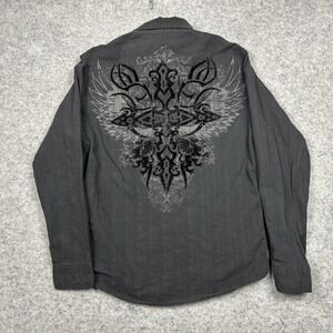 Helix Rock Grunge Black Embroidered Button Shirt Mens Large Punk Goth